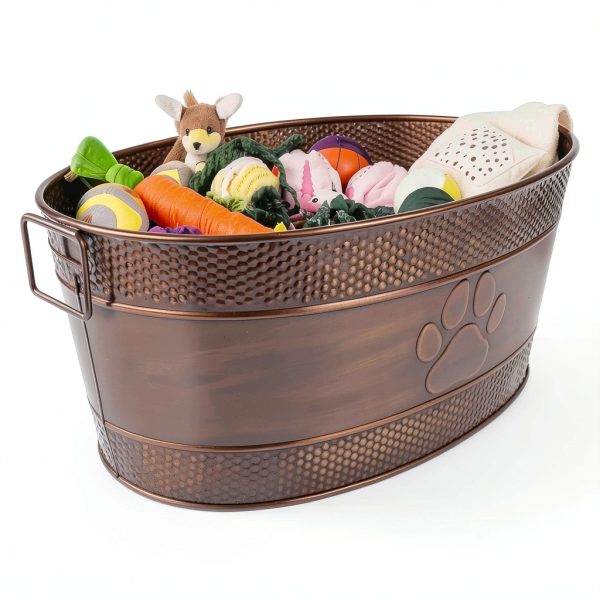 BREKX Metal Dog Toy Basket Rustic Paw Print Storage-8