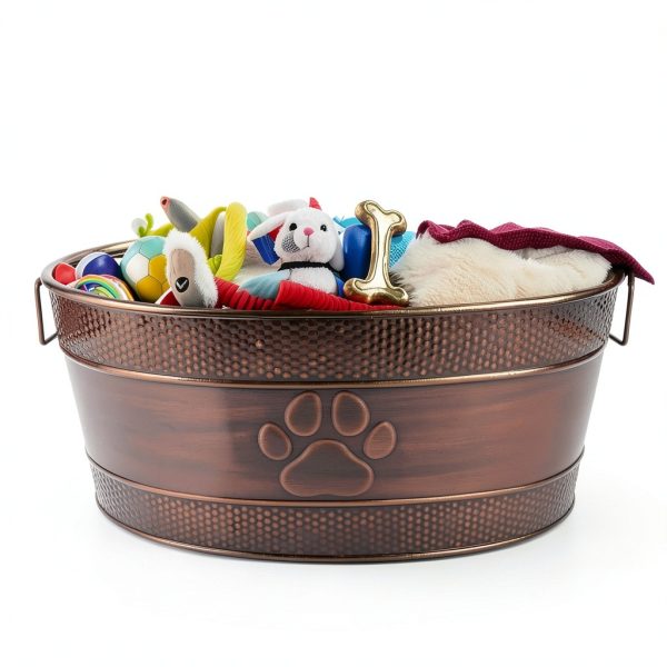 BREKX Metal Dog Toy Basket Rustic Paw Print Storage-2
