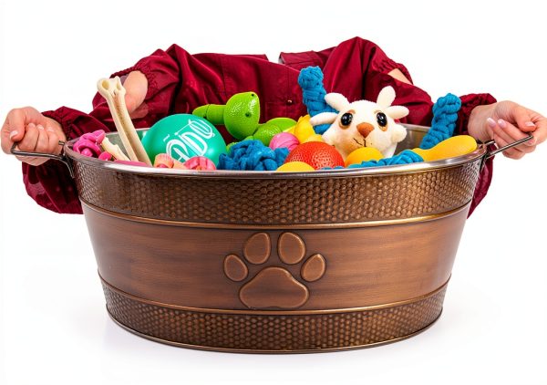 BREKX Metal Dog Toy Basket Rustic Paw Print Storage-7