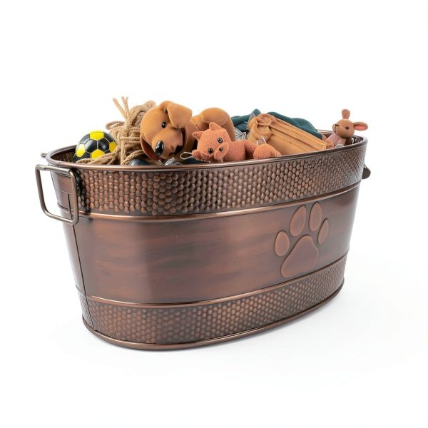 BREKX Metal Dog Toy Basket Rustic Paw Print Storage-6