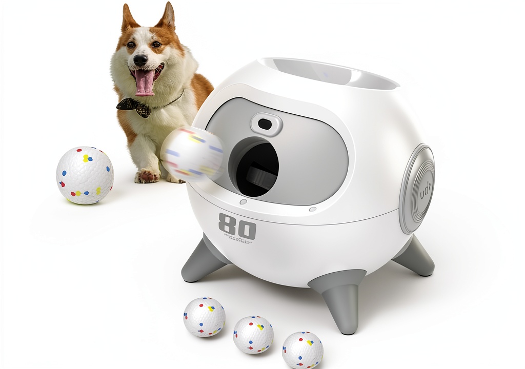 Uahpet Dog Toy Ball Launcher Automatic Fetch Machine set up on a wooden patio table with a Labrador retrieving balls
